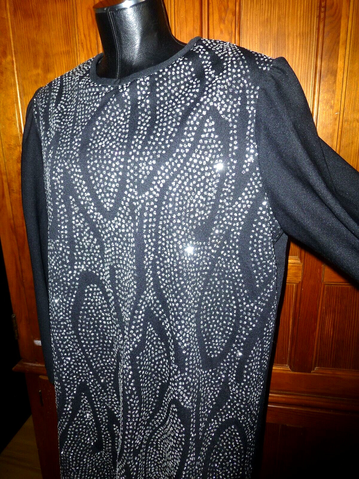 VTG 70s Black Shimmer glitter Micro Pleats Disco evening shift DRESS L XL