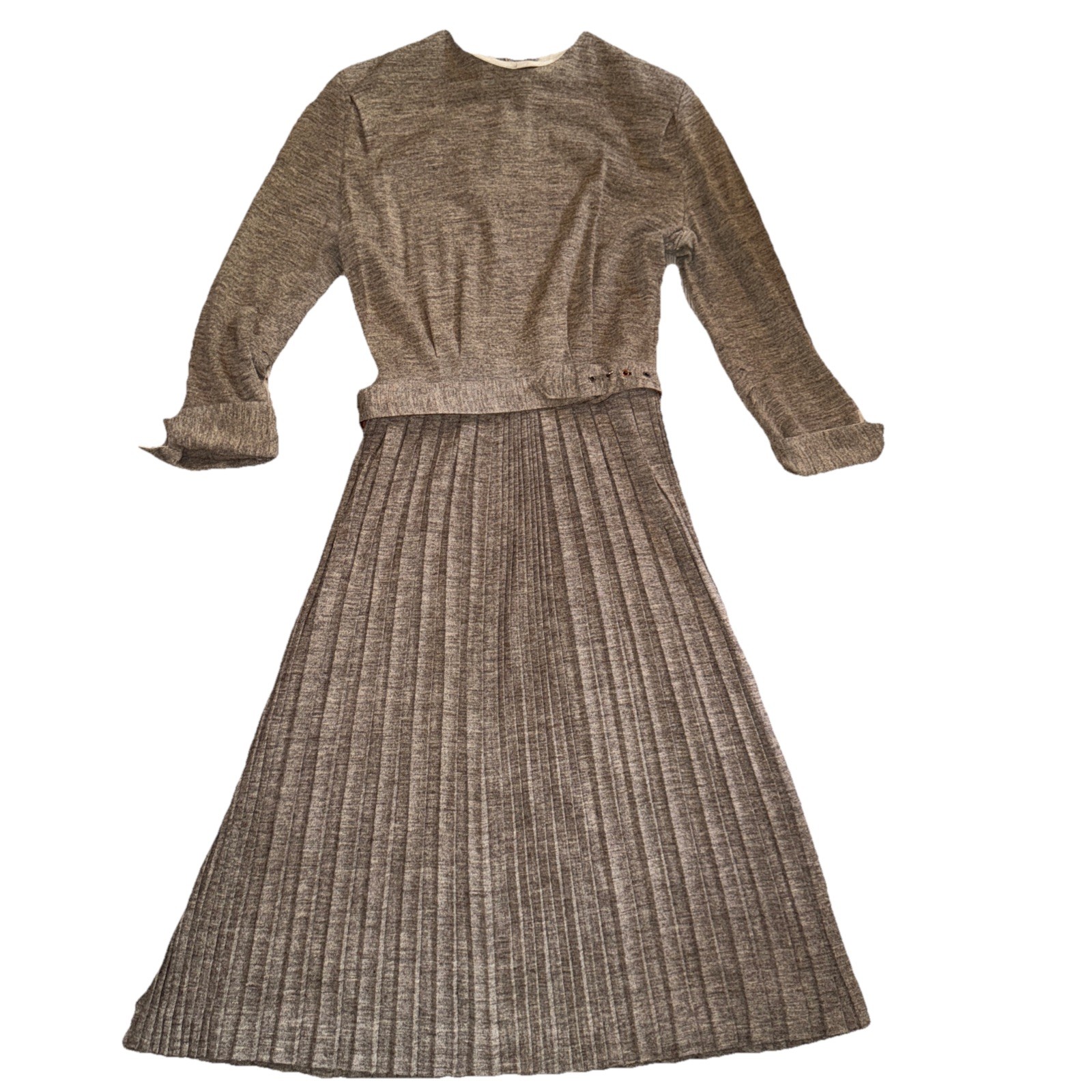 1950s Vintage Lampl Light Brown Dress Pleated Skirt Midi Belted 36 Bust 26 Waist