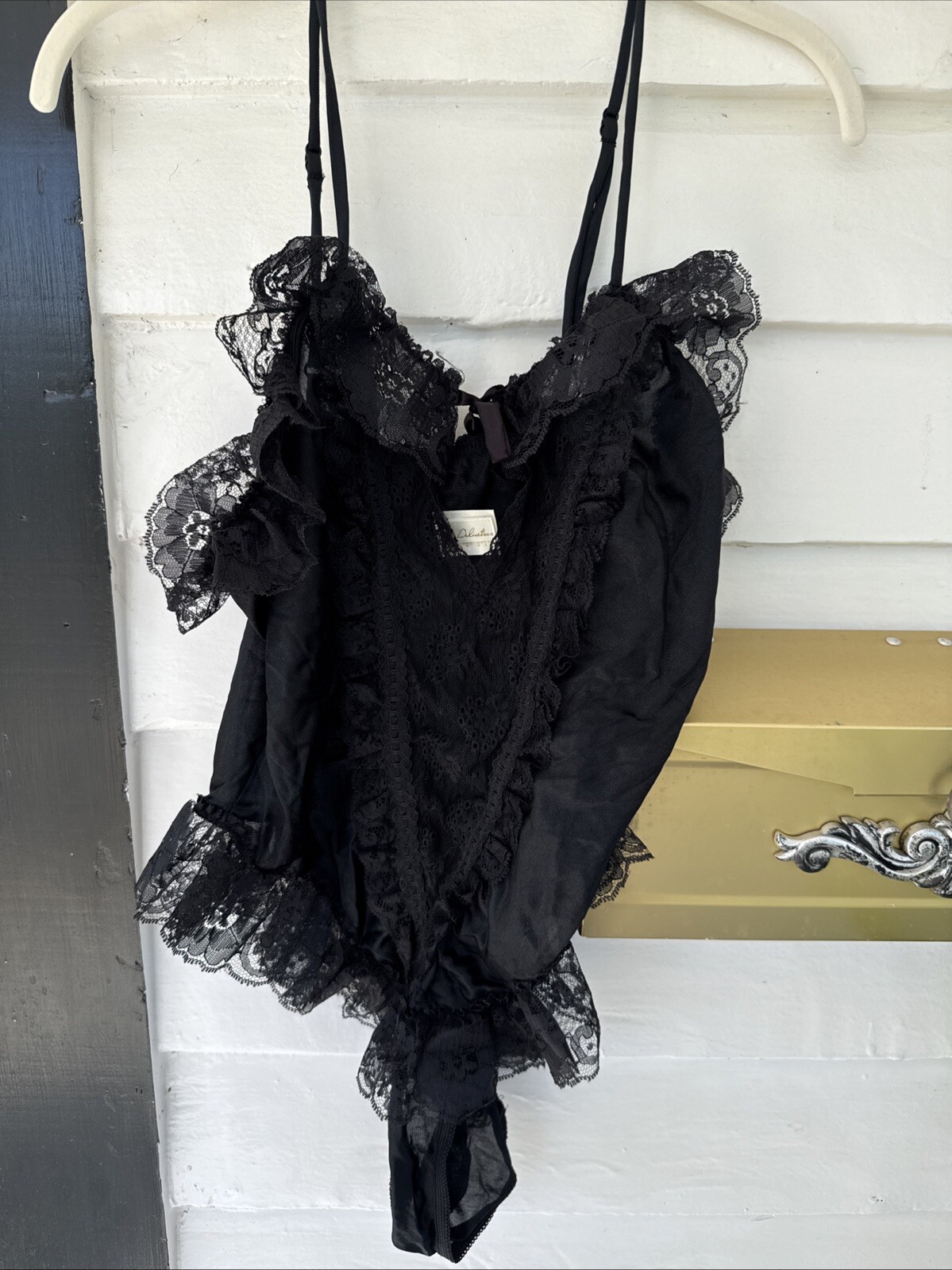 VTG 90s Delicates Black Lace Teddy M Open Front Sheer Ruffle Chemise Bodysuit