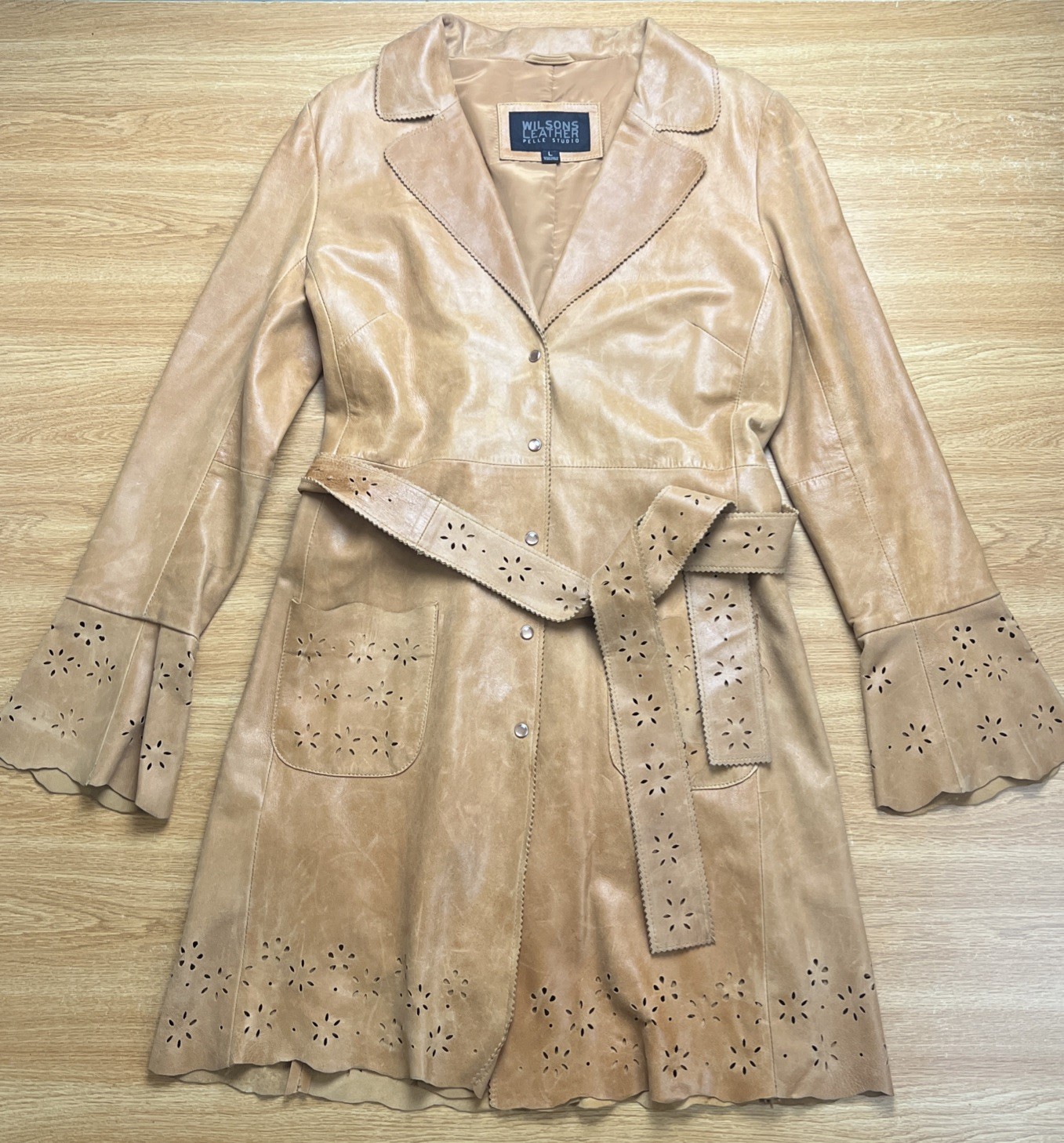 Wilsons Leather Pelle Studio Tan Leather Coat Belted Floral Cutout Women L