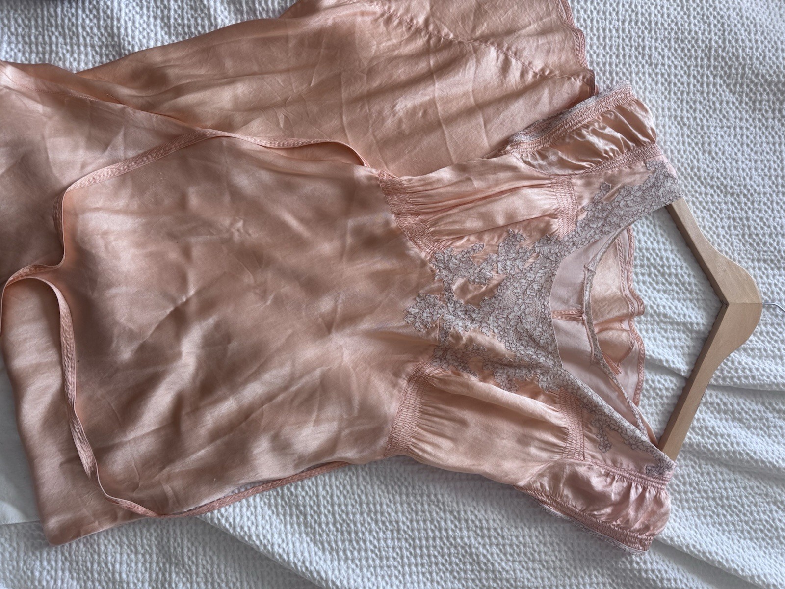 1930s Silk Lace Bias Cut Gown – Peach Blush Sheer Evening Dress Nightgown
