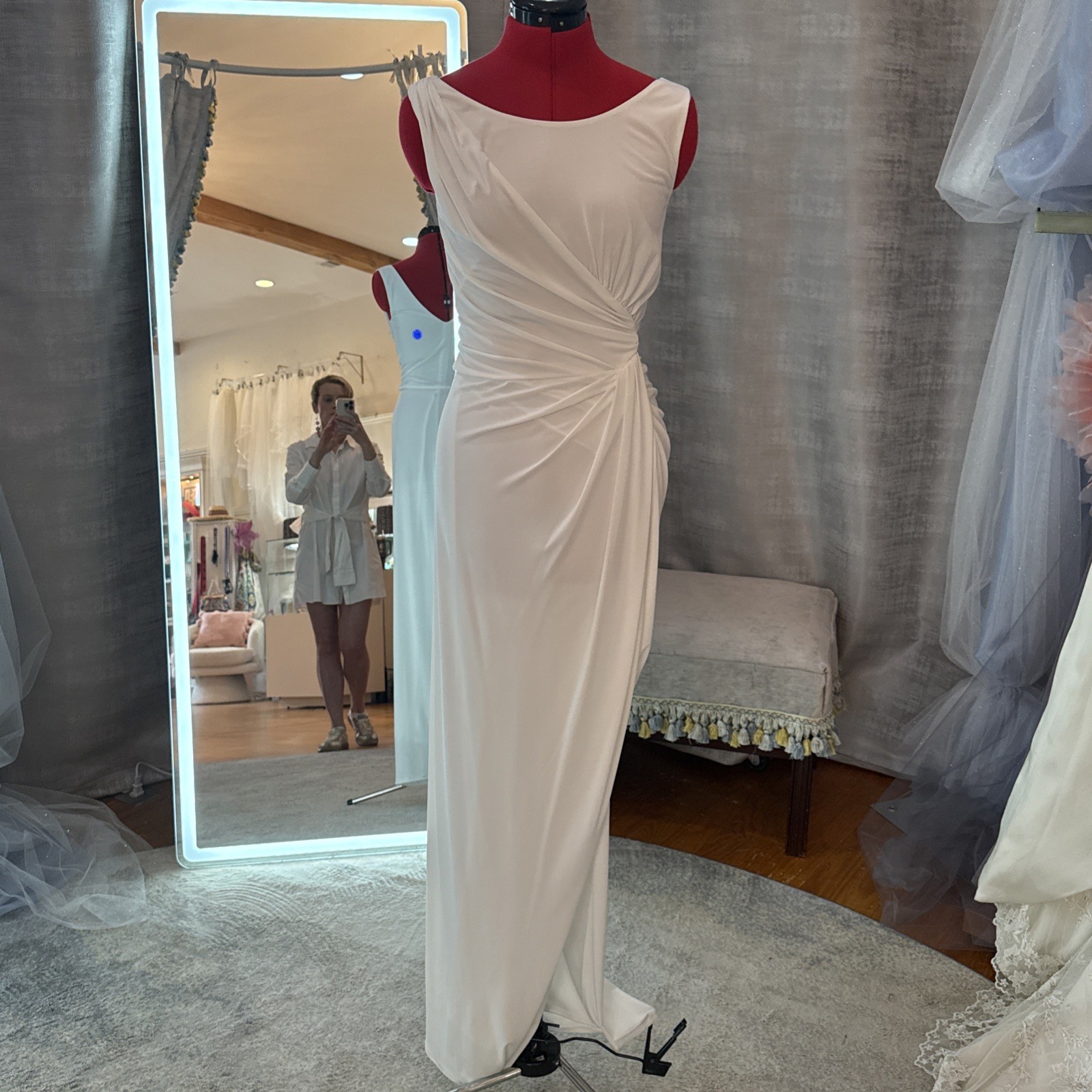 Vtg Rubber Ducky made in USA white formal long wedding dress side slit sz S 90s