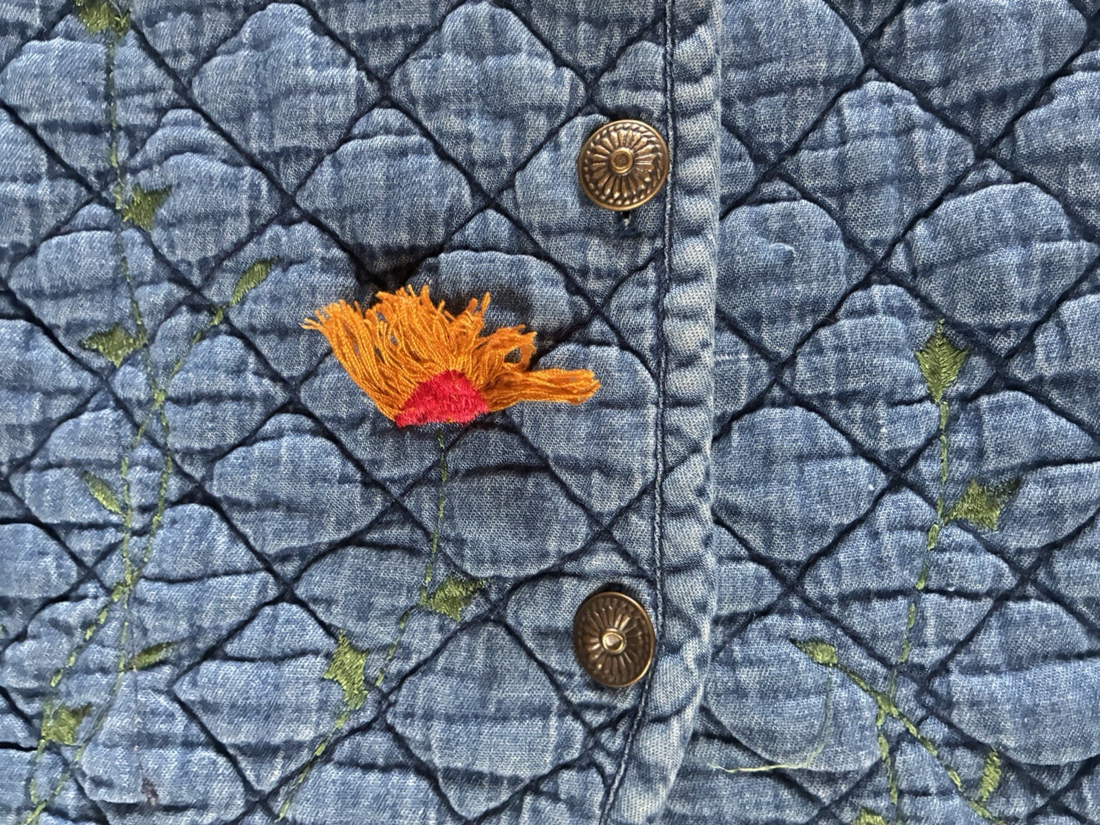 Vintage 90s Maggie Barnes Petites Quilted Embroidered Denim Jacket Floral 24WP