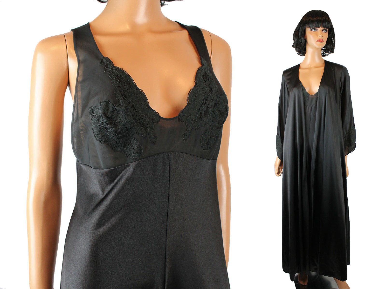 Black Peignoir Set Sz 34 S Vintage Vanity Fair Long Robe Nightgown Chiffon Lace