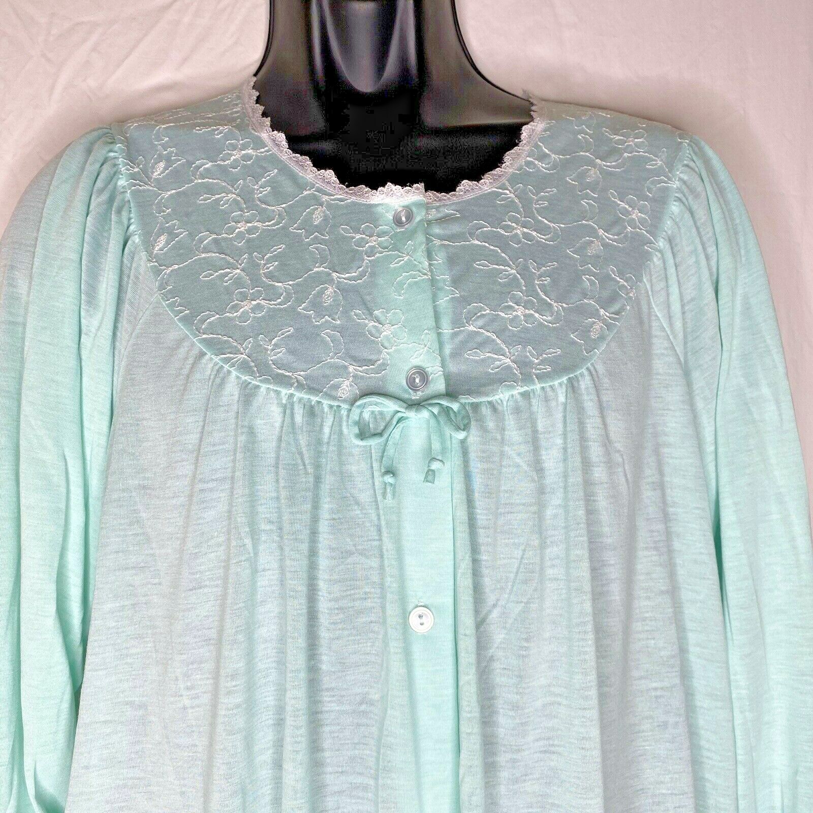 Cinejour Nightgown Ruffles Button Up Long Sleeve M USA Polyester Mint Green