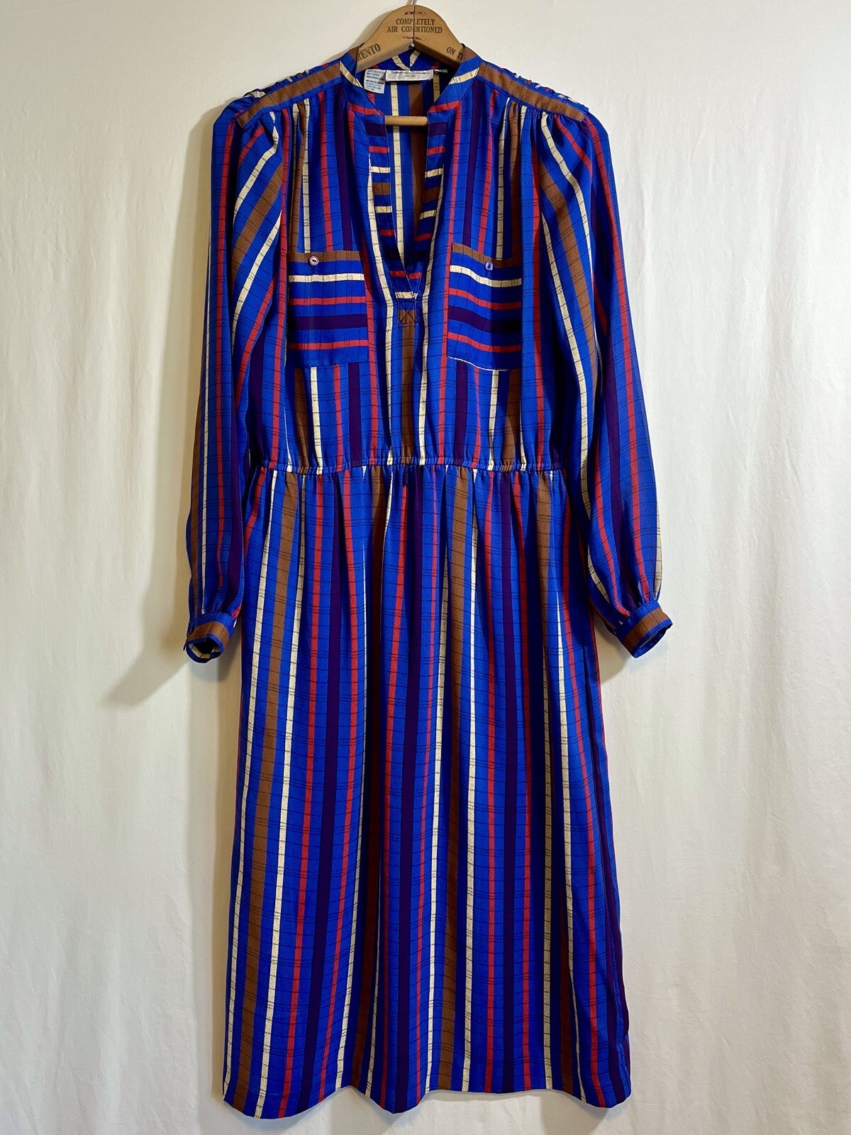 Vintage 1980s Samantha Stevens Petites Dress 10 / M Blue Striped Long Sleeves