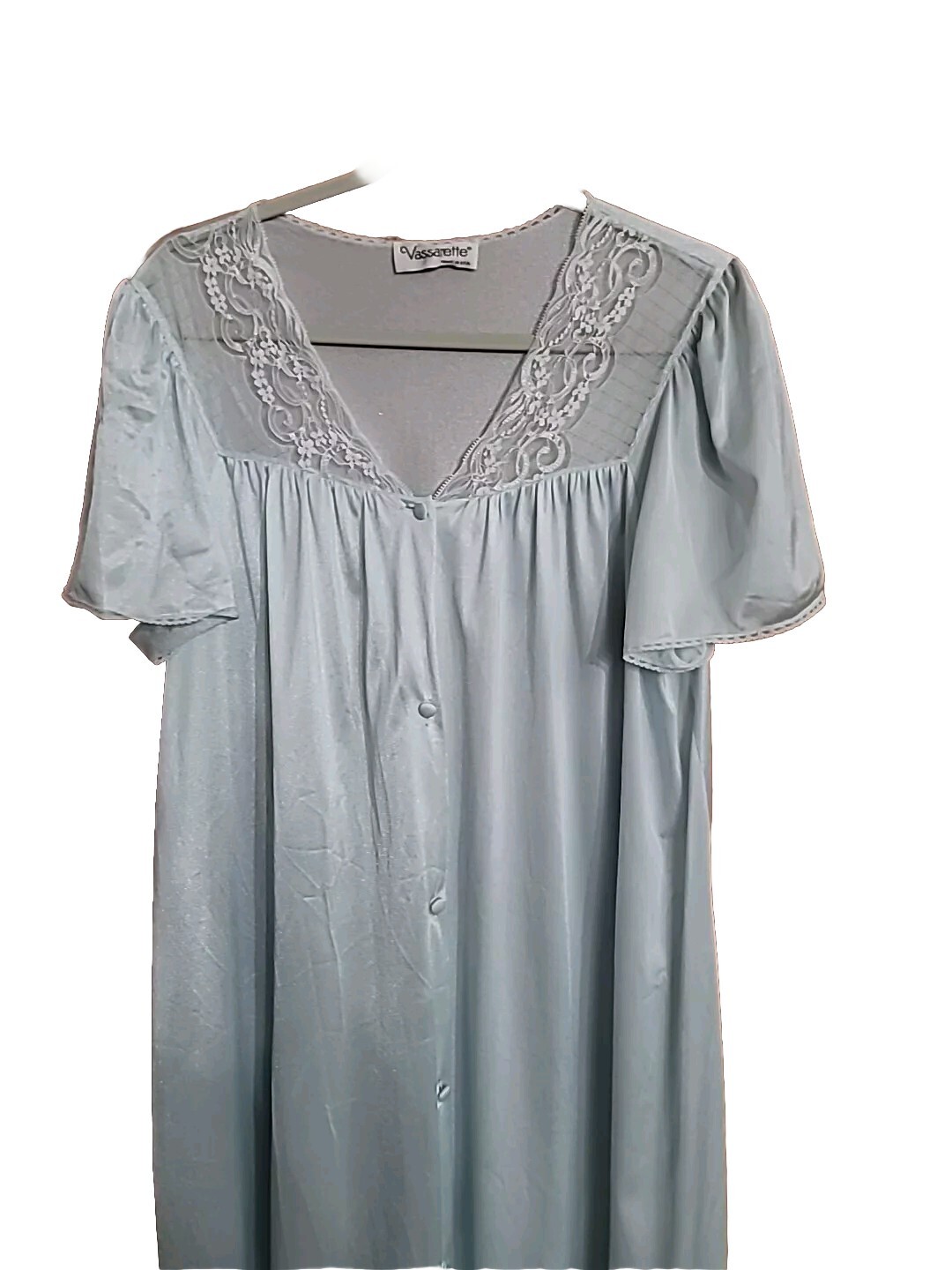 vtg 70s VASSARETTE Robe Light Blue Tricot Nylon Short Sleeve Lace Buttons Pocket