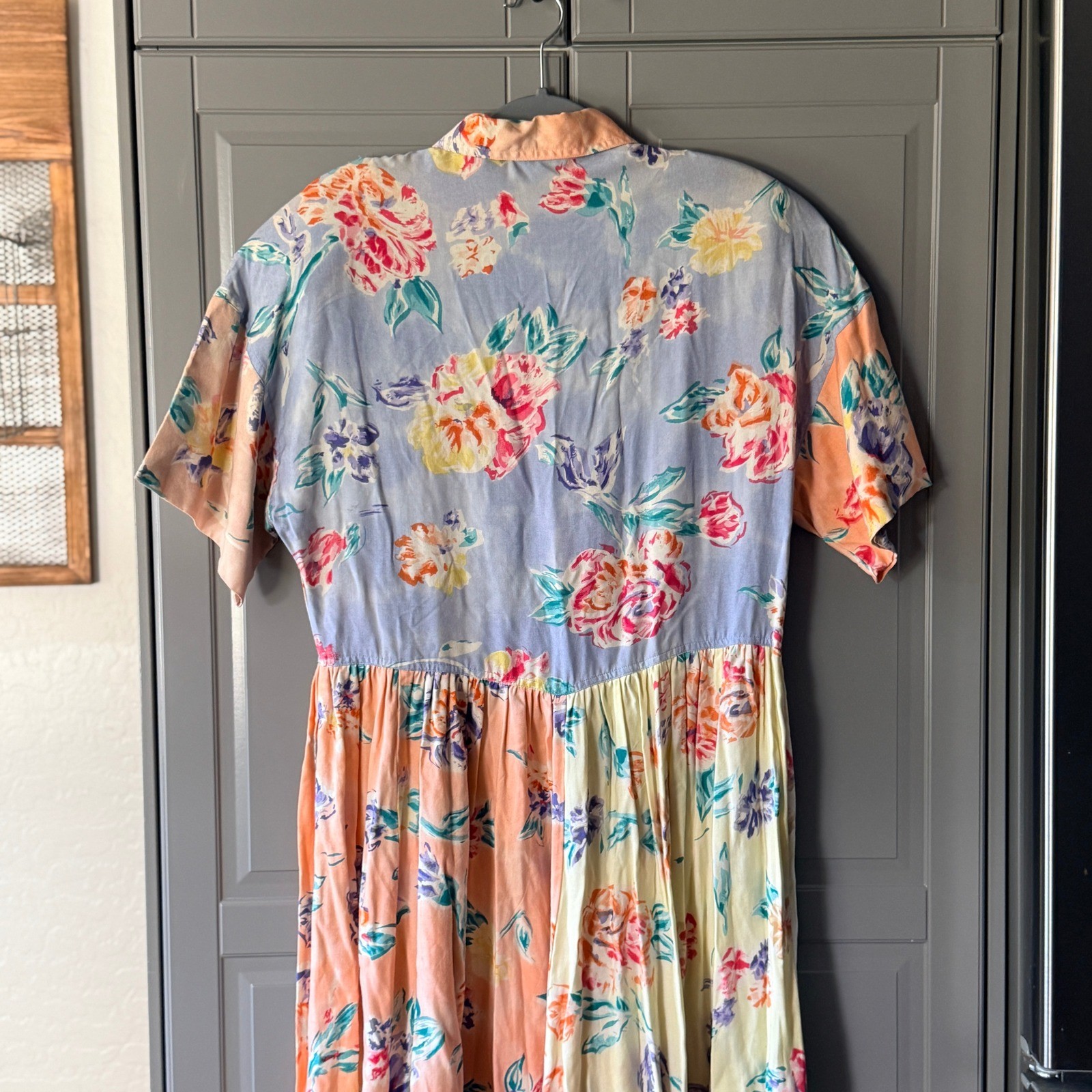 Together! Vintage Pastel Floral Colorblock Button Down Midi Shirt Dress, M