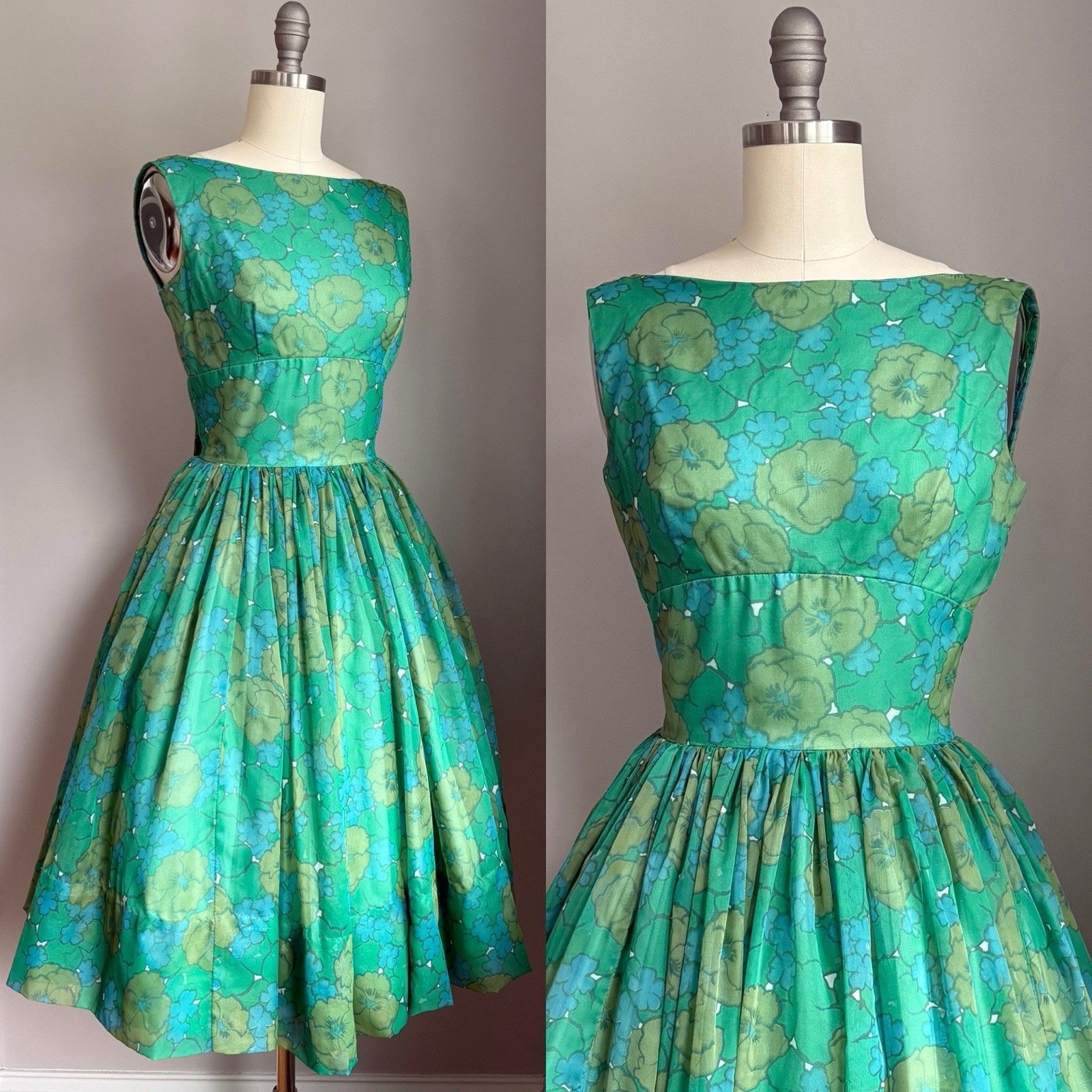 Vintage early 1960’s Blue & Green Floral Chiffon Rockabilly Pinup Party Dress XS