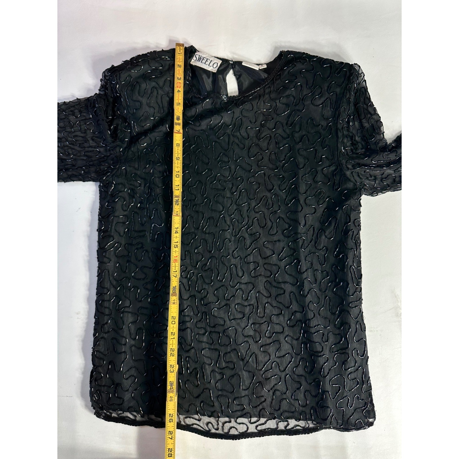 Sweelo Vintage Black Beaded Silk Top Sheer Long Sleeve Evening Blouse Small 6-8