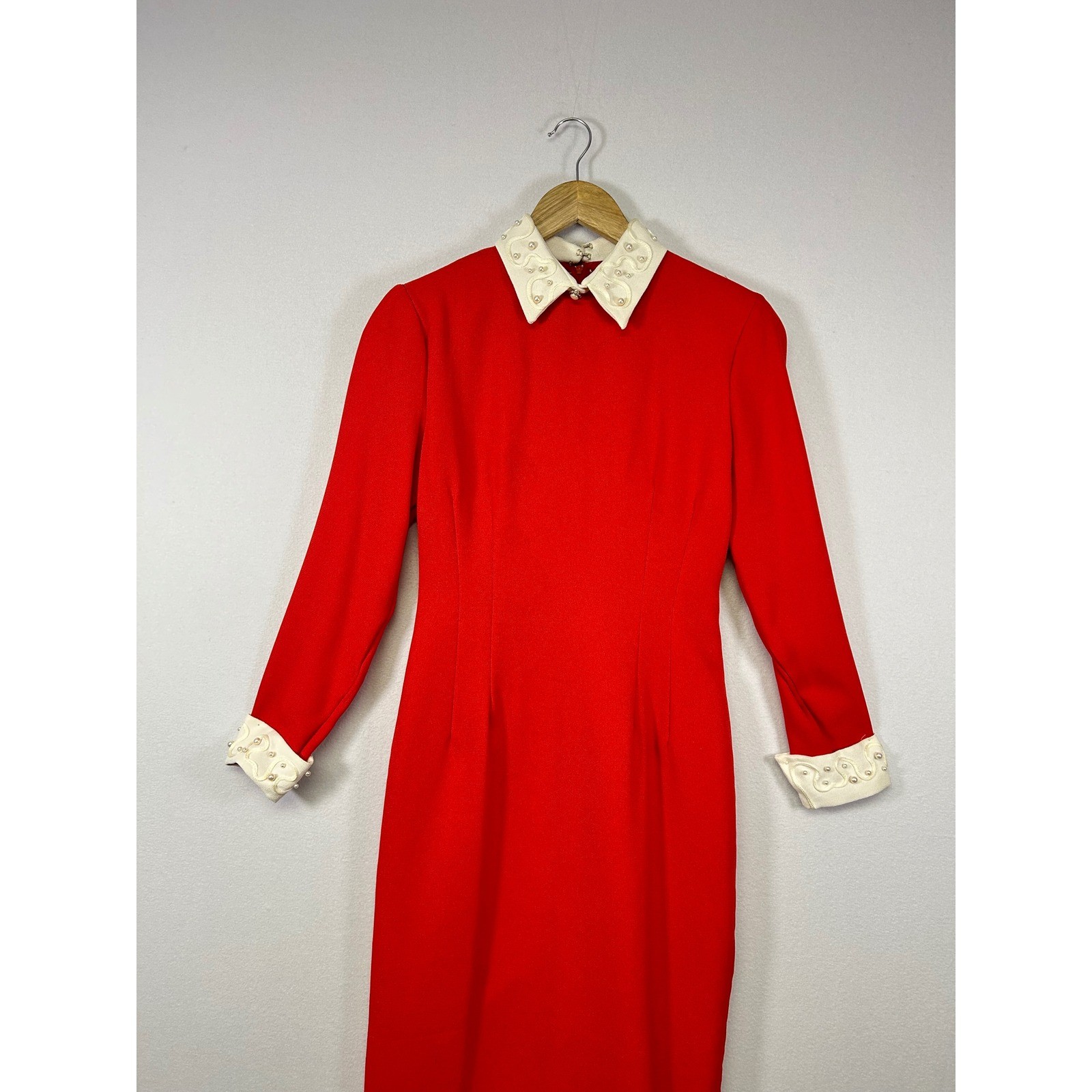 Statement Misty Lane Vintage Midi Dress Womens 4 Red Pearl Long Sleeve ormal