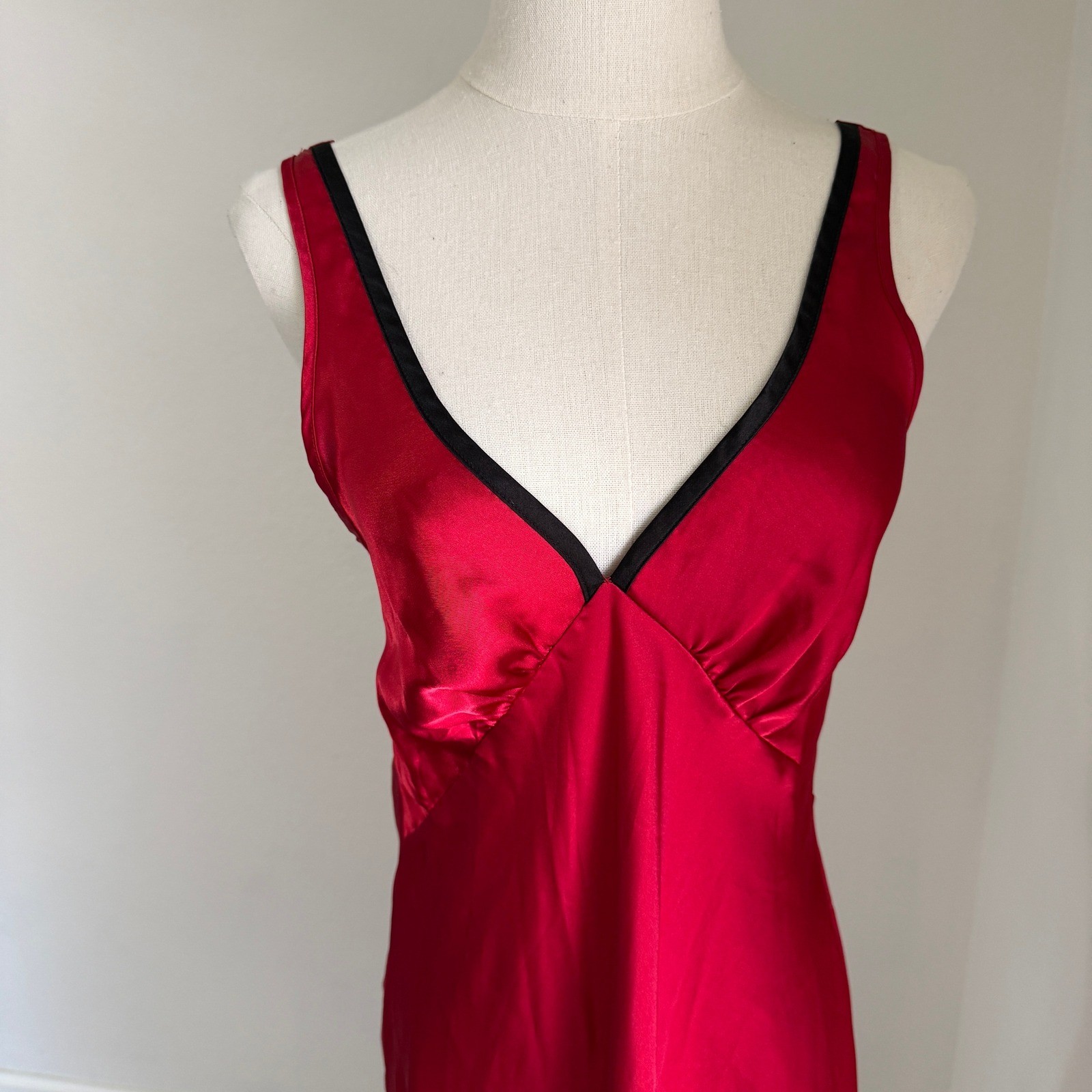Red Satin V-Neck Slip Dress Midi Chemise Old Hollywood Glamor Boudoir Lingerie