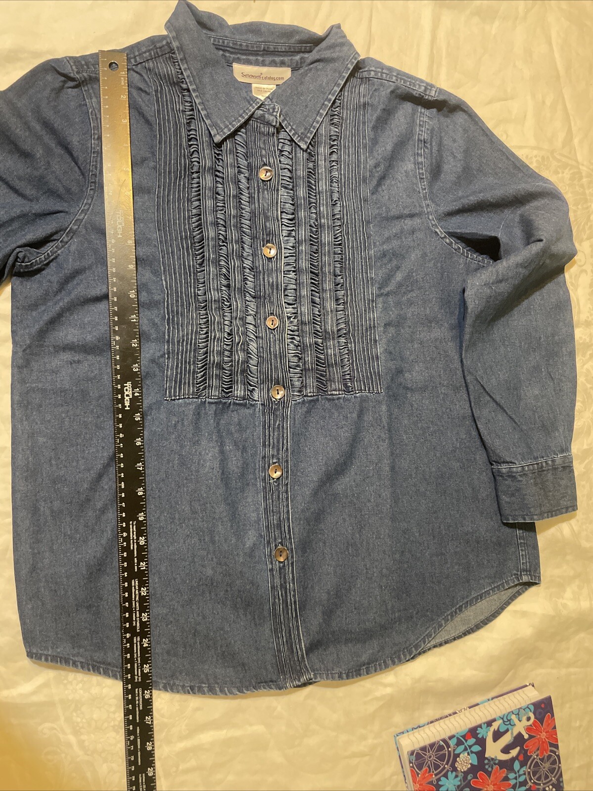 SERENGETI Catalog.com Vintage Pleated Denim Long sleeves Blouse Cowgirl Sz L