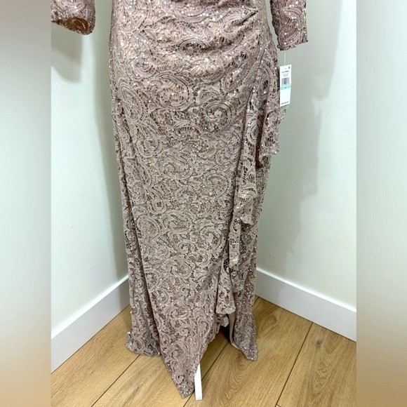 Alex Evenings Sequin Lace Gown 3/4 Sleeves Cascade Detail Front Slit Size 8 NEW