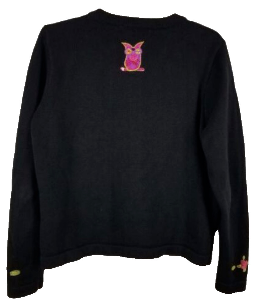 JACK B QUICK Vtg long sleeved black multi-colored Owl beaded design Sweater Sz S
