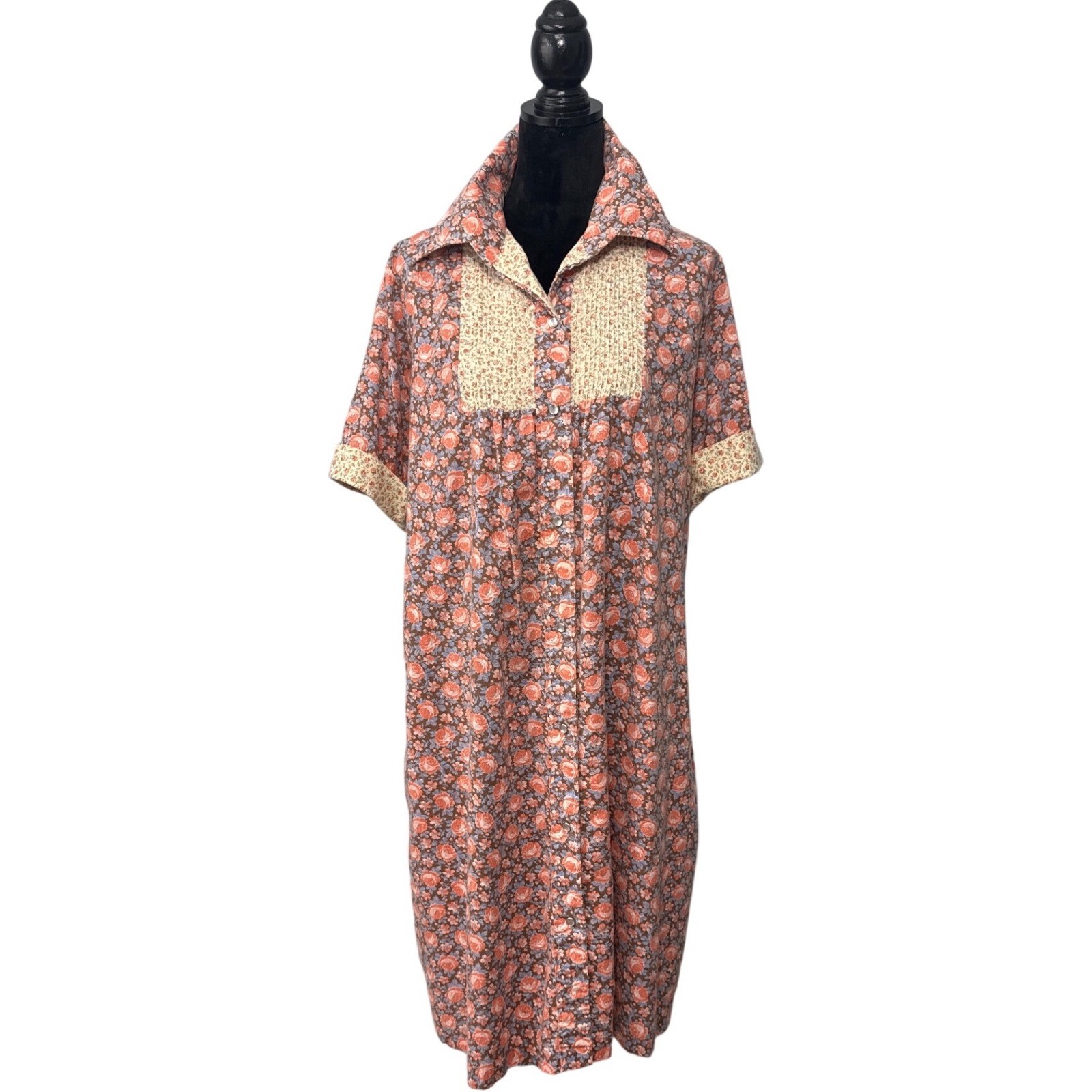 Vintage Studio Coat Floral House Dress Pearl Snap Front Pintuck Bib USA Large