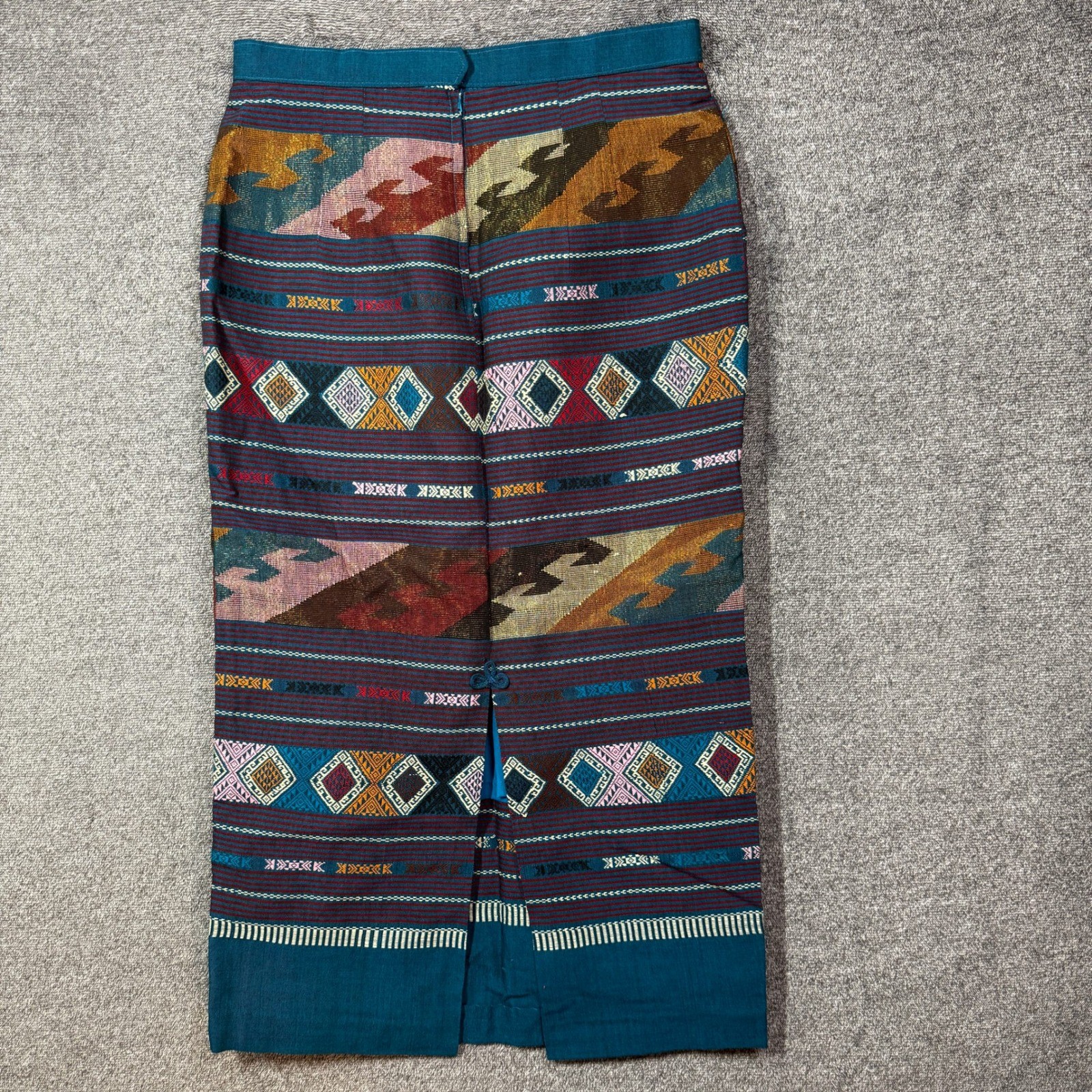 Vintage Woven Tribal Geometric Maxi Skirt Teal Multi Color Column Skirt Size 34