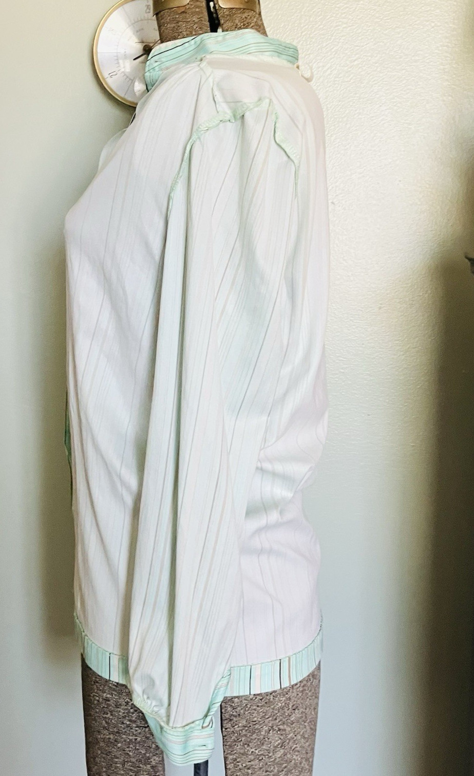 Vtg Shirt 70s Polyester Top Collar Spring Pastel Stripes Pink Aqua Brown M/L