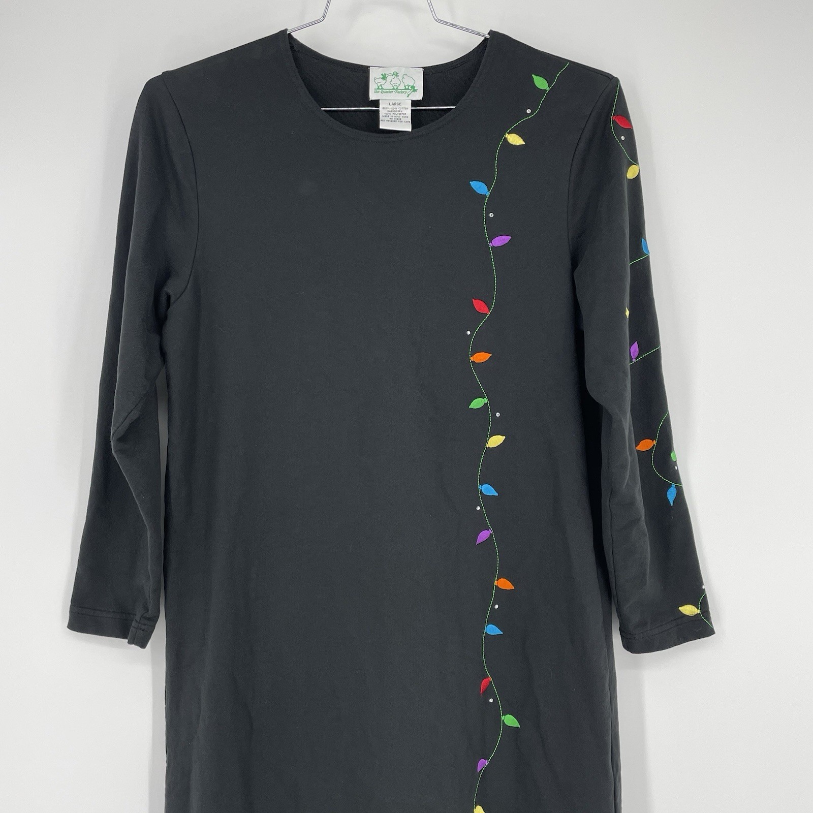 Vtg Quacker Factory Women’s Black Holiday Christmas Dress Light Bulbs Size L
