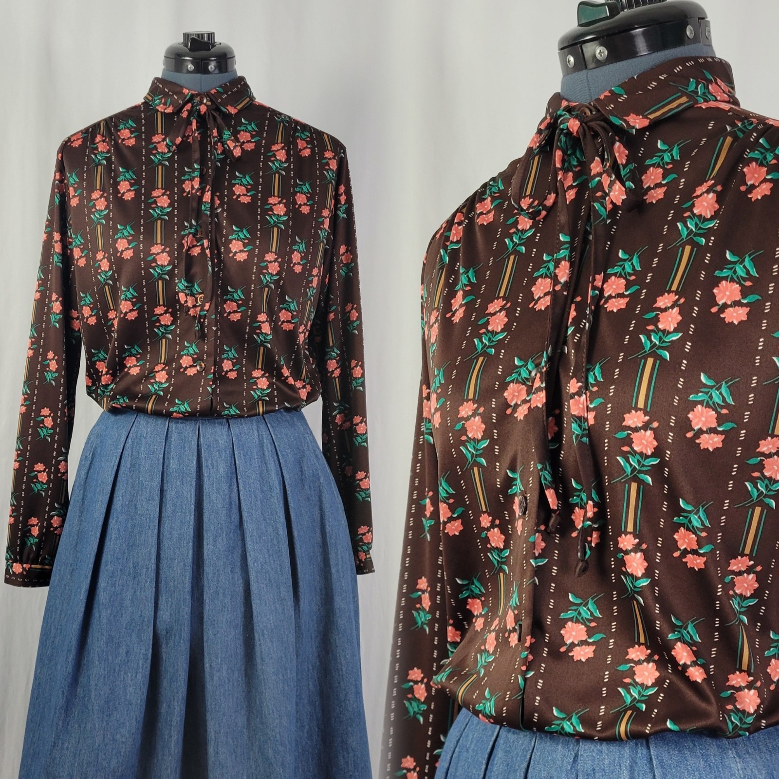 Vtg Cape Cod Match Mates Brown Blouse w Pink/Green/Tan Floral Stripes Size 16