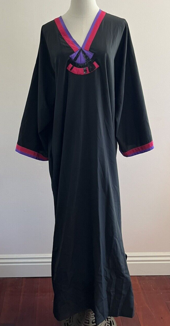 Vintage Designer Long Caftan Bill Tice Slinky Black w/ Pink Purple Beads Pockets