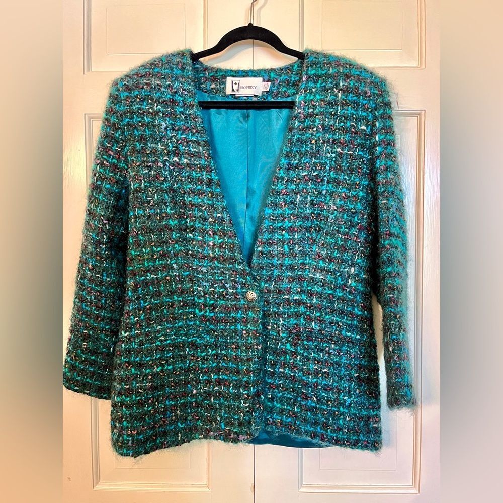 Prophecy 80s Vintage Tweed Boucle Wool Button Front Collarless Blazer Jacket 10