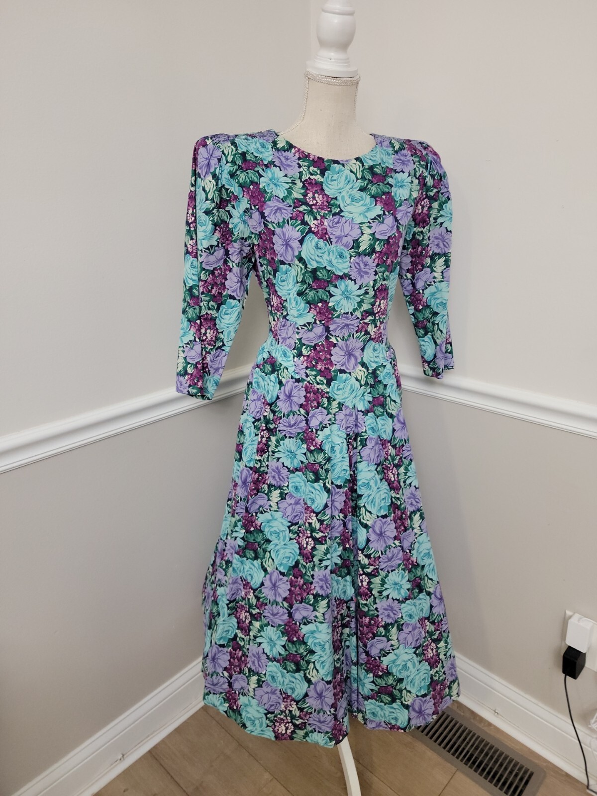 VTG Lavander Blue Floral Cottagecore Midi Tea Garden Party Dress 3/4 Sleeves
