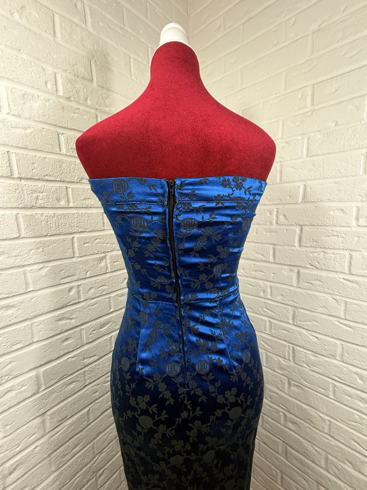 Vintage 90s L.A. Glo S Blue Black Floral Brocade Strapless Maxi Dress USA