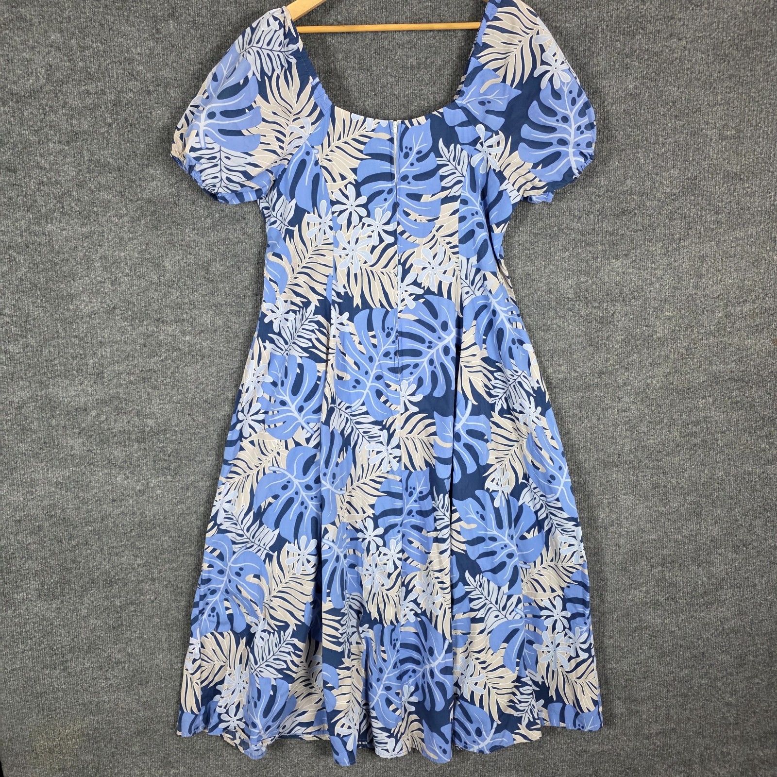 Vintage Hawaiian Togs Dress L Blue Tropical Floral Maxi Puff Sleeve Luau USA 70s