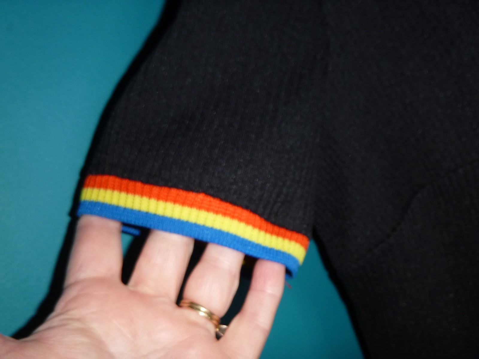 Vtg 70s Kelly Arden Stretch Poly Mini Dress W/ Cardigan Black Rainbow Trim Sz S
