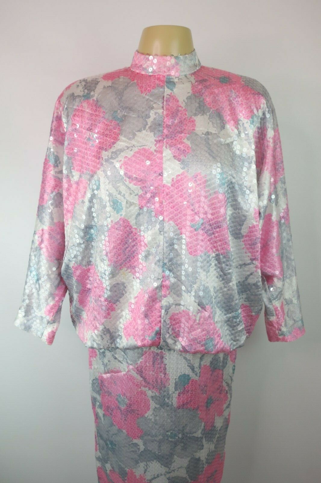 Jarin Ruben Panis 10 Floral Sequin Blouson Moc Neck L/S Gown Dress 70s Vintage