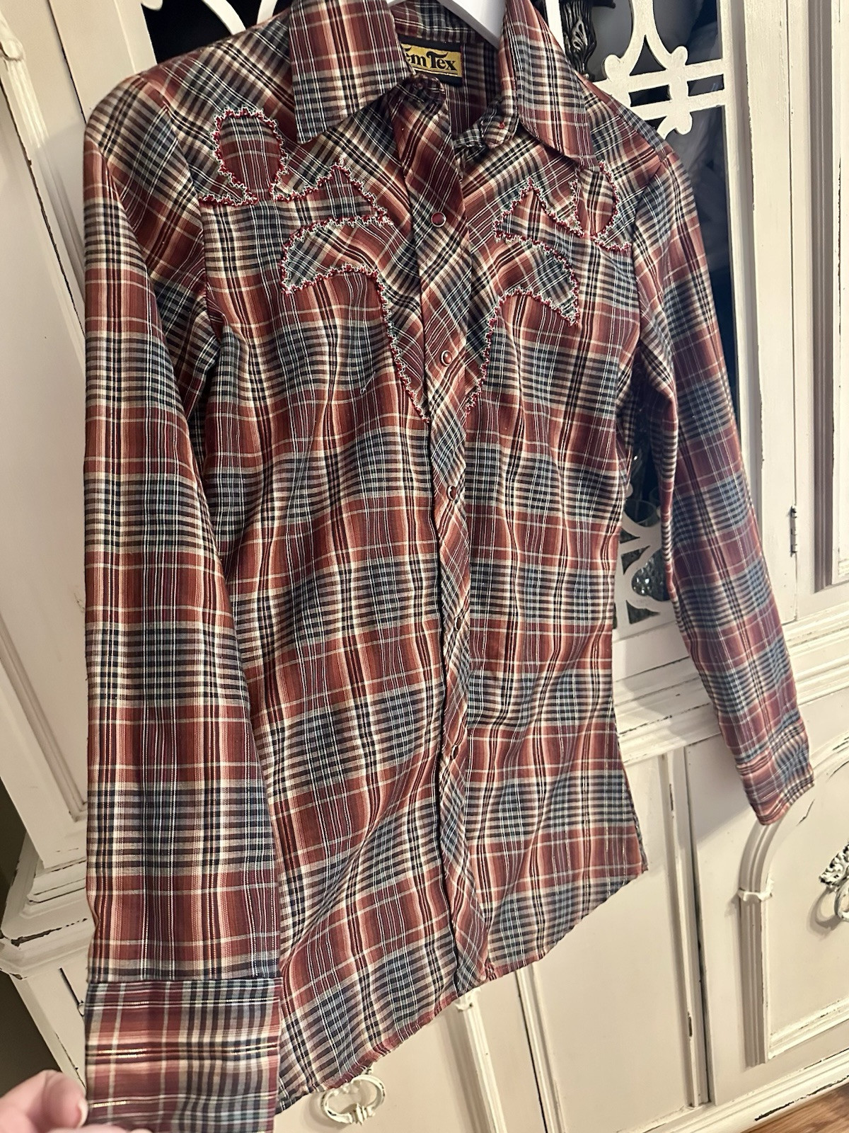 Tem Tex Vintage Western Shirt Embroidered Plaid Button Down Rodeo Cowboy Size 8