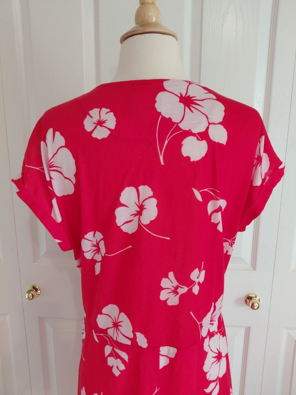 Vintage 1980s Does 1940s Hawaiian Tabby Dress Red White Hibiscus Size Large