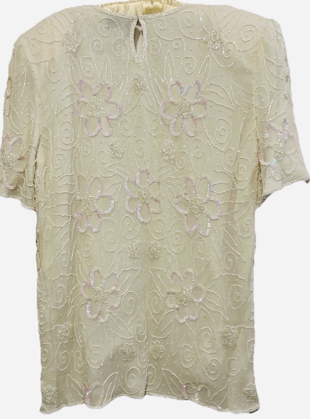 Vtg Silk Exotica Top Ivory Iridescent Beaded Sequins Mob Wife Cruise Blouse XL