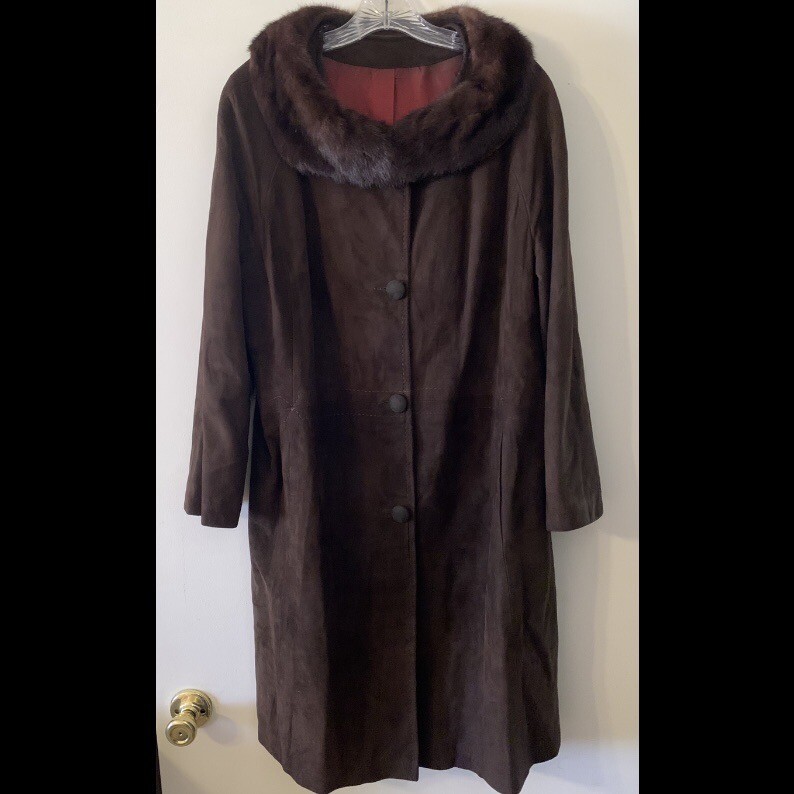 Vintage 60s Retro Dark Brown Leather Suede Coat Mink Collar Slit Pockets Size 18