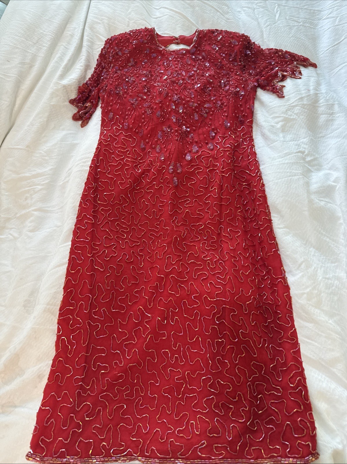 Vtg 90s fully beaded red cocktail dress sz 6 open back flutter sleeve 100% silk