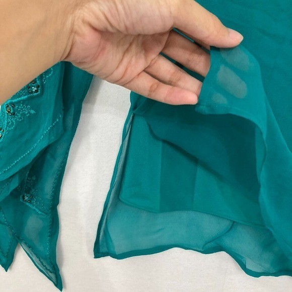 Vintage Silk Land Size Small Teal Embroidered Beaded Flare Sleeve Fairy Blouse