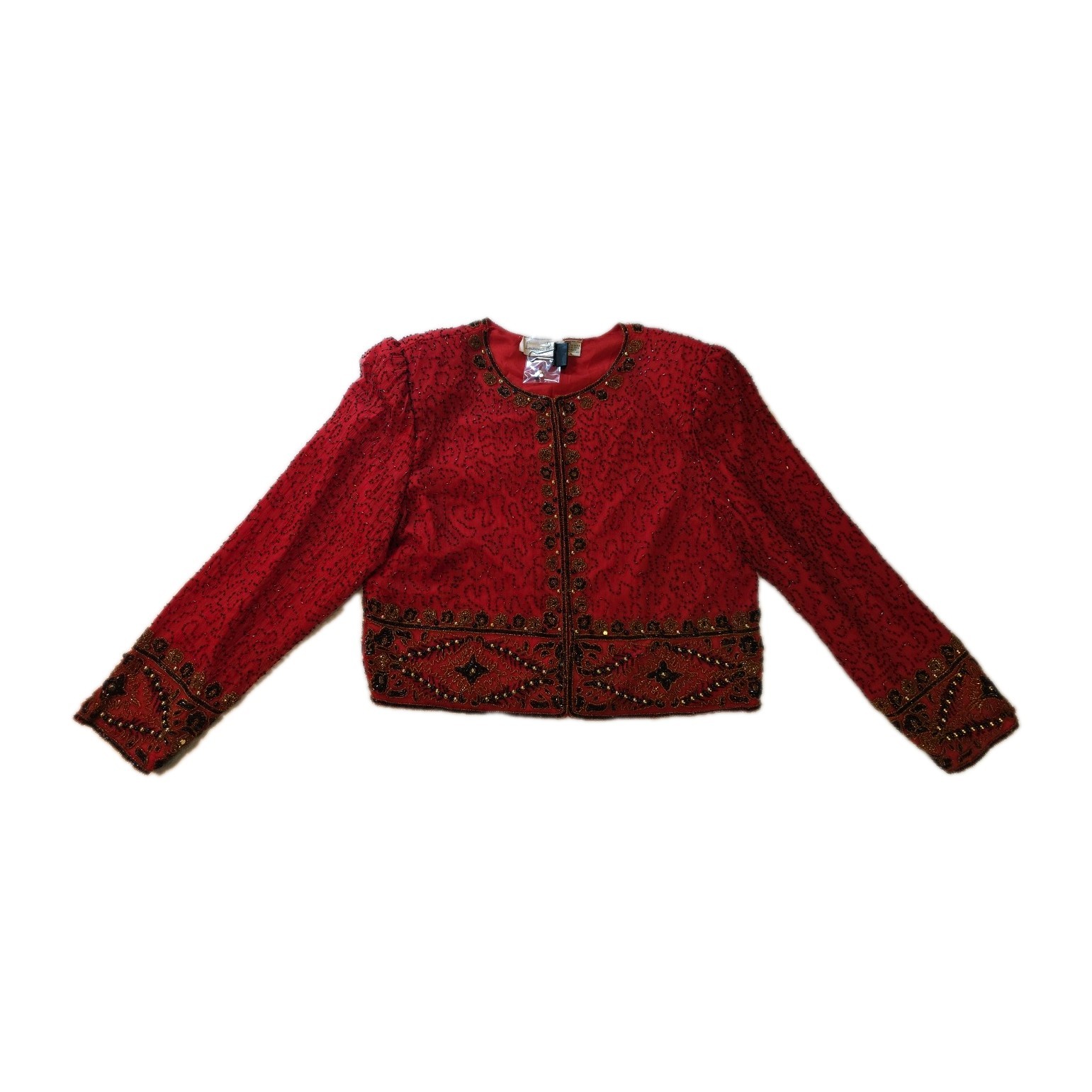 Vintage Red Beaded Black & Gold 100% Silk Jacket – Size XL