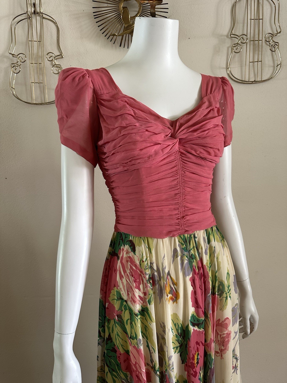1930s 40s Rayon Crepe Dress Ruched Knot Bodice Floral Bias Skirt Talon Zip AS-IS