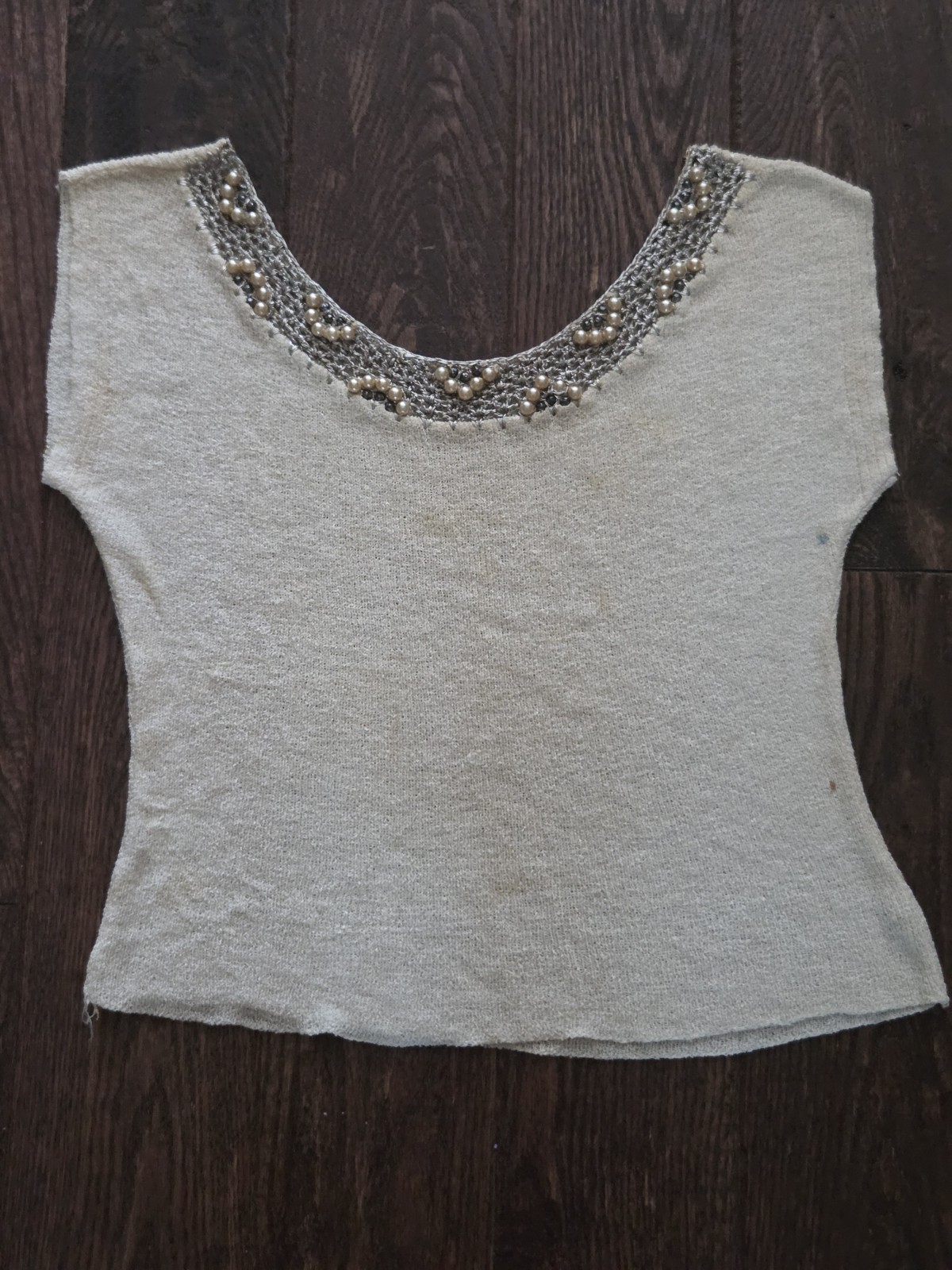 Boepple Creations Silk Knit Top Real Pearl Beaded Neckline Ivory Short Sleeve
