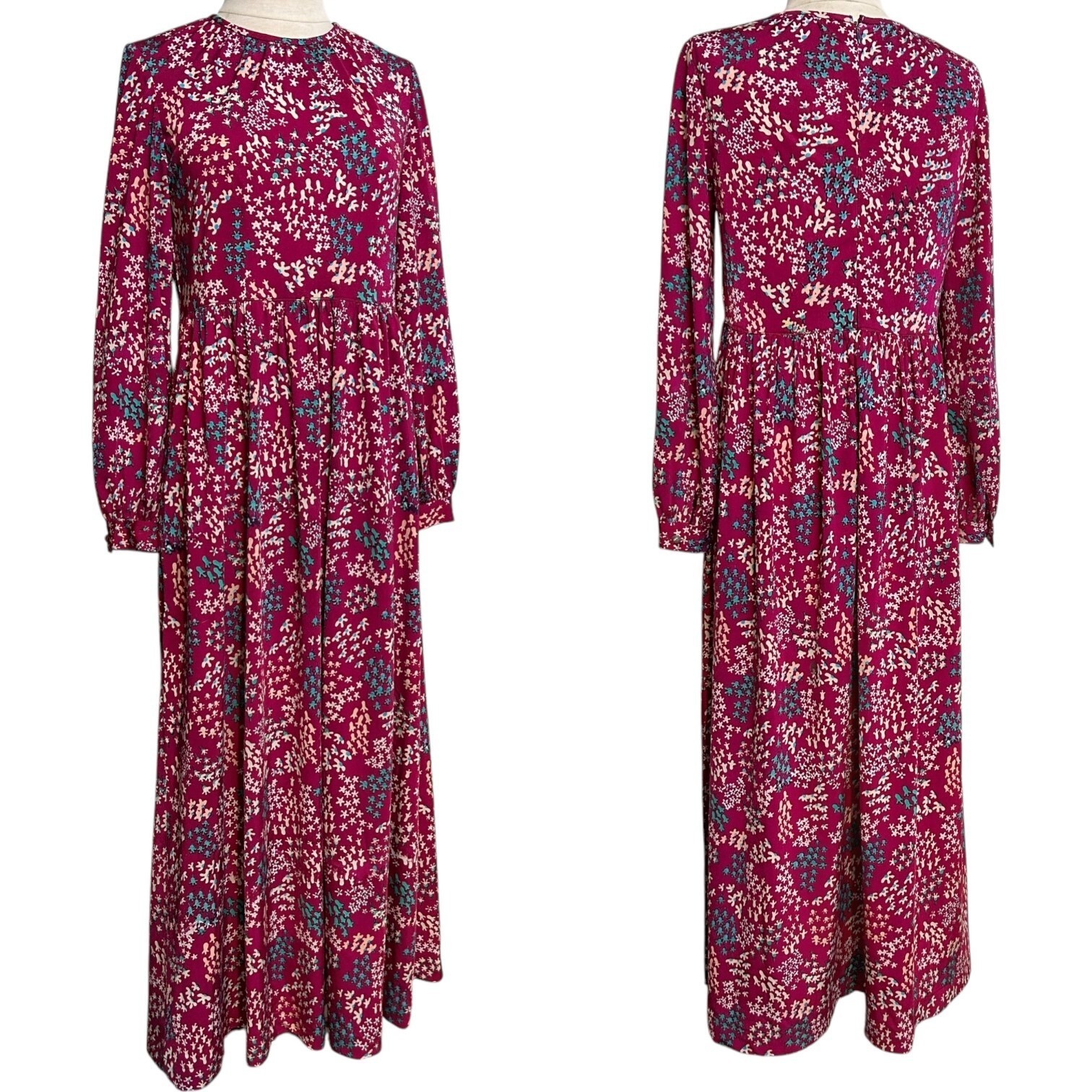 70s vintage floral hippy dress maxi puff balloon sleeve abstract retro pattern.