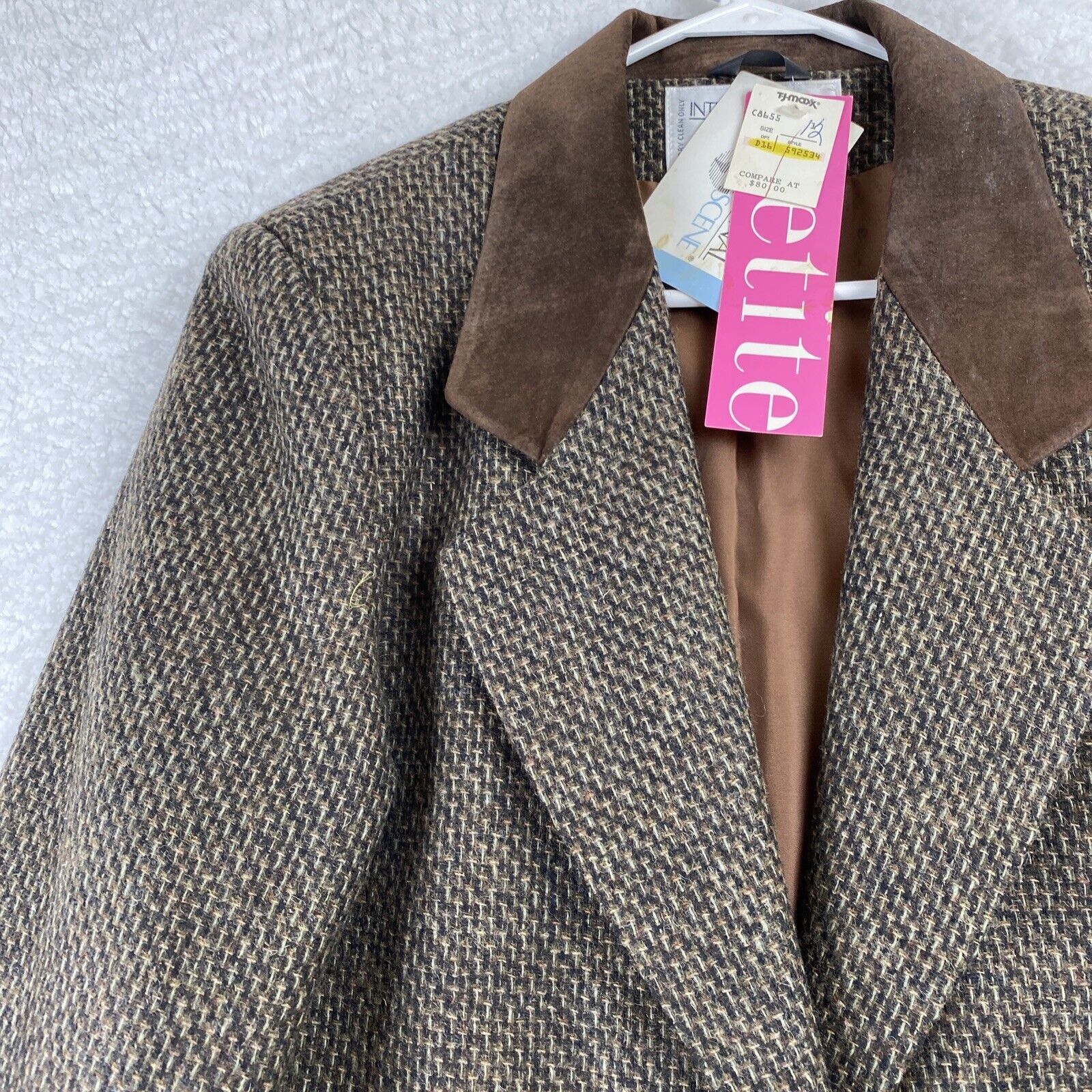 International Scene Wool Tweed Blazer Suede Collar Lined 12 Made Ukraine VTG