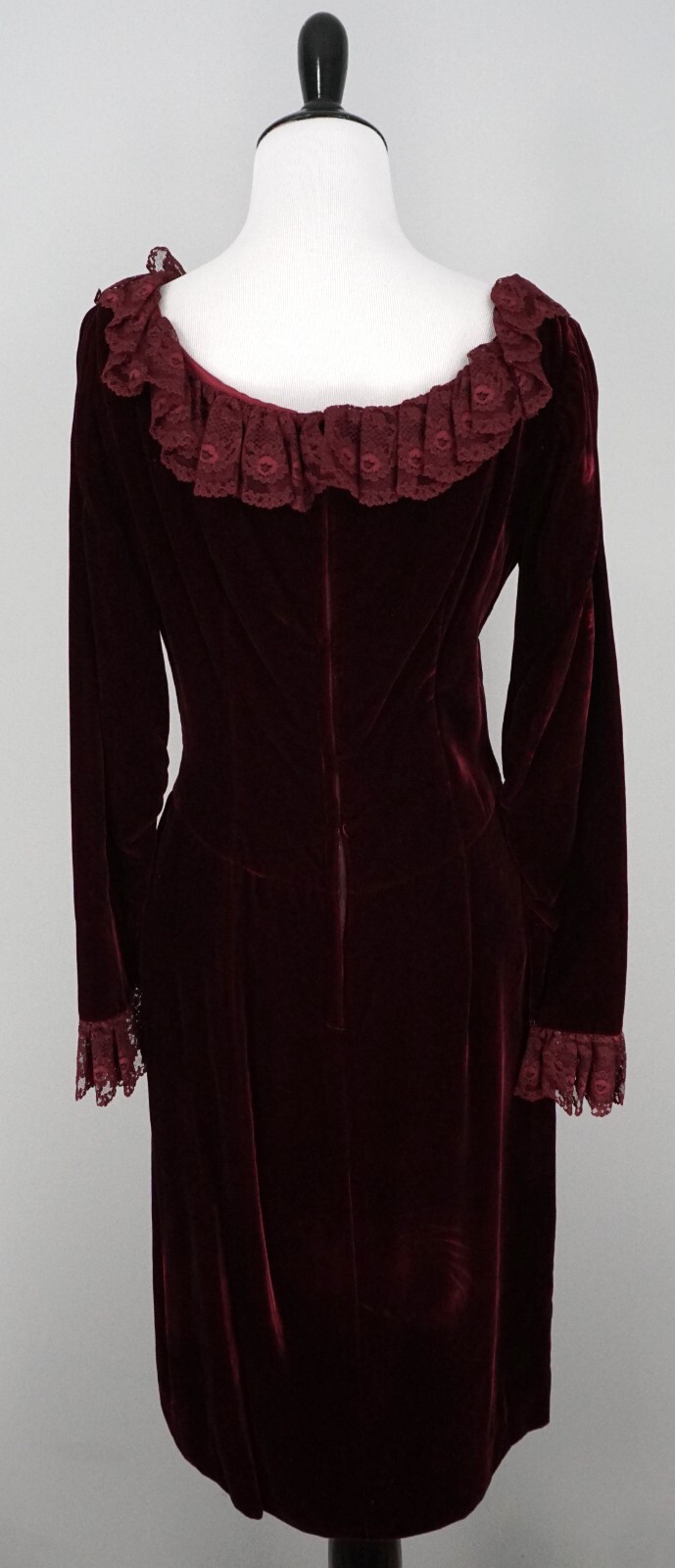 Vintage Carnival Red Burgundy Velvet Long Sleeve Lace Ruffle Victorian Dress 4
