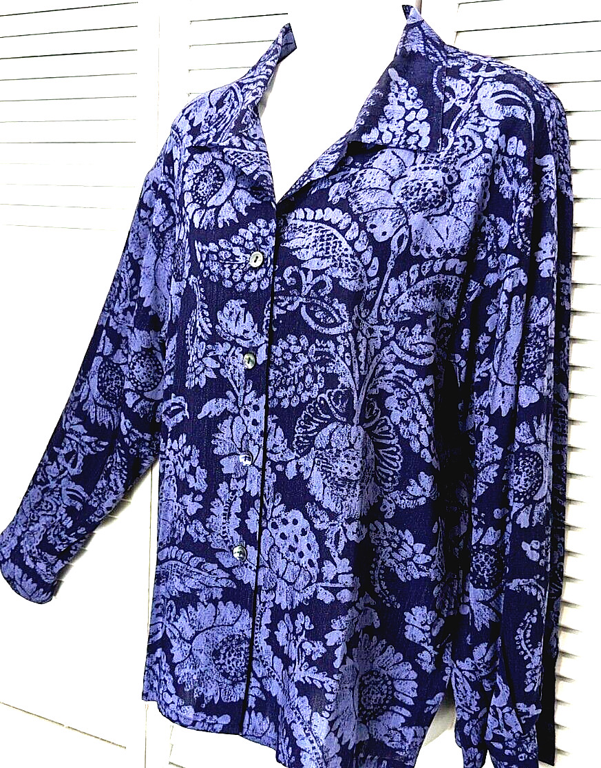 JAEGER Long Sleeve Blouse VTG 80s Sz Large Navy Blue Paisley Light Rayon Wool