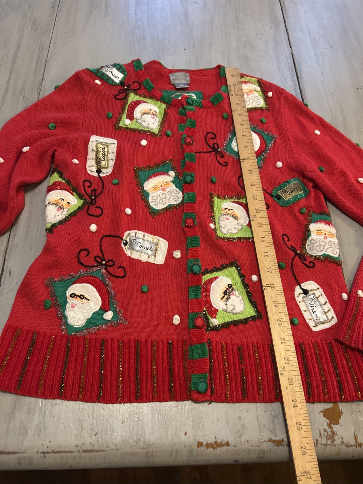Berek Red Green Christmas Santa Reindeer Gift Tags Beaded Pom Poms Cardigan Sz M