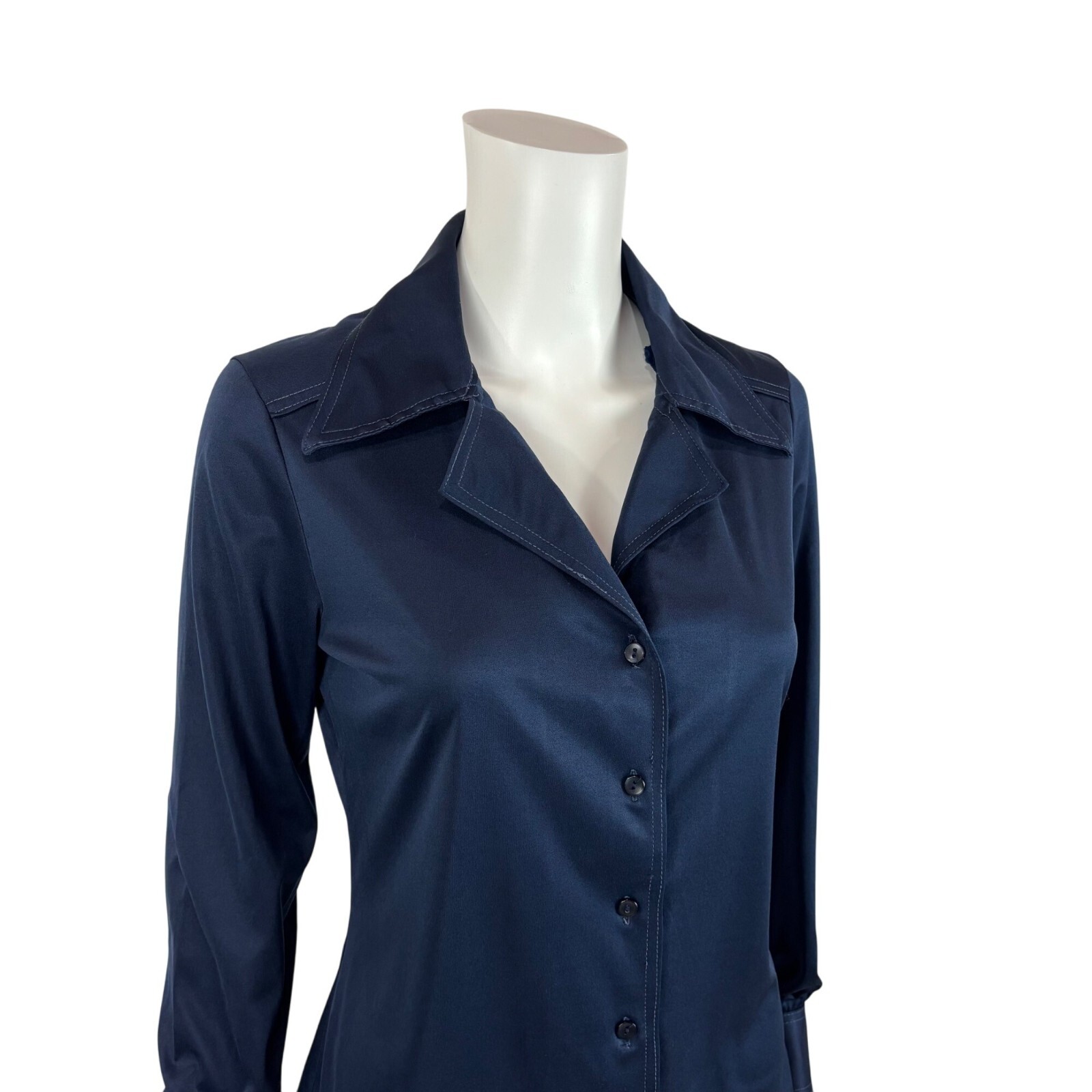 Vintage 70s Disco Blouse Women’s Medium Dark Blue Shiny Going Out Top