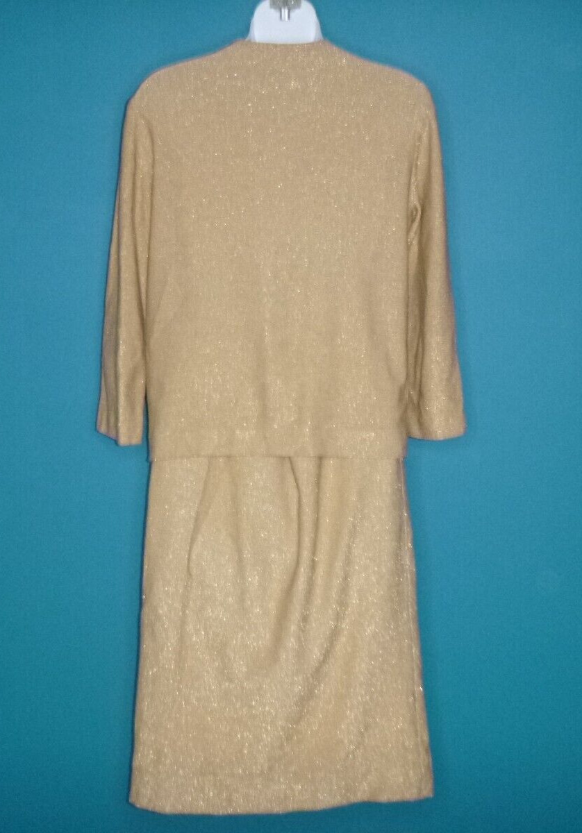 Vtg 60s Gino Paoli 2 Pc Wool Knit Cardigan & Skirt Set Gold metallic Beading S/M