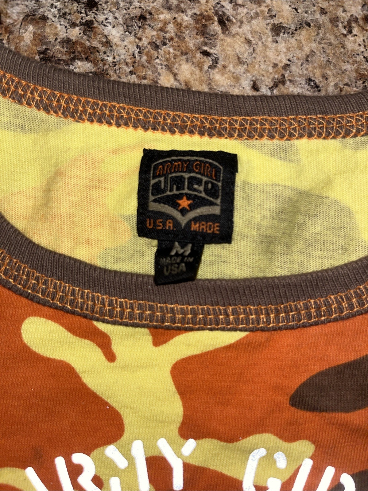 Vintage 90s Army Girl Jnco Baby Tee Shirt Top Orange Yellow Brown Camo USA Y2K