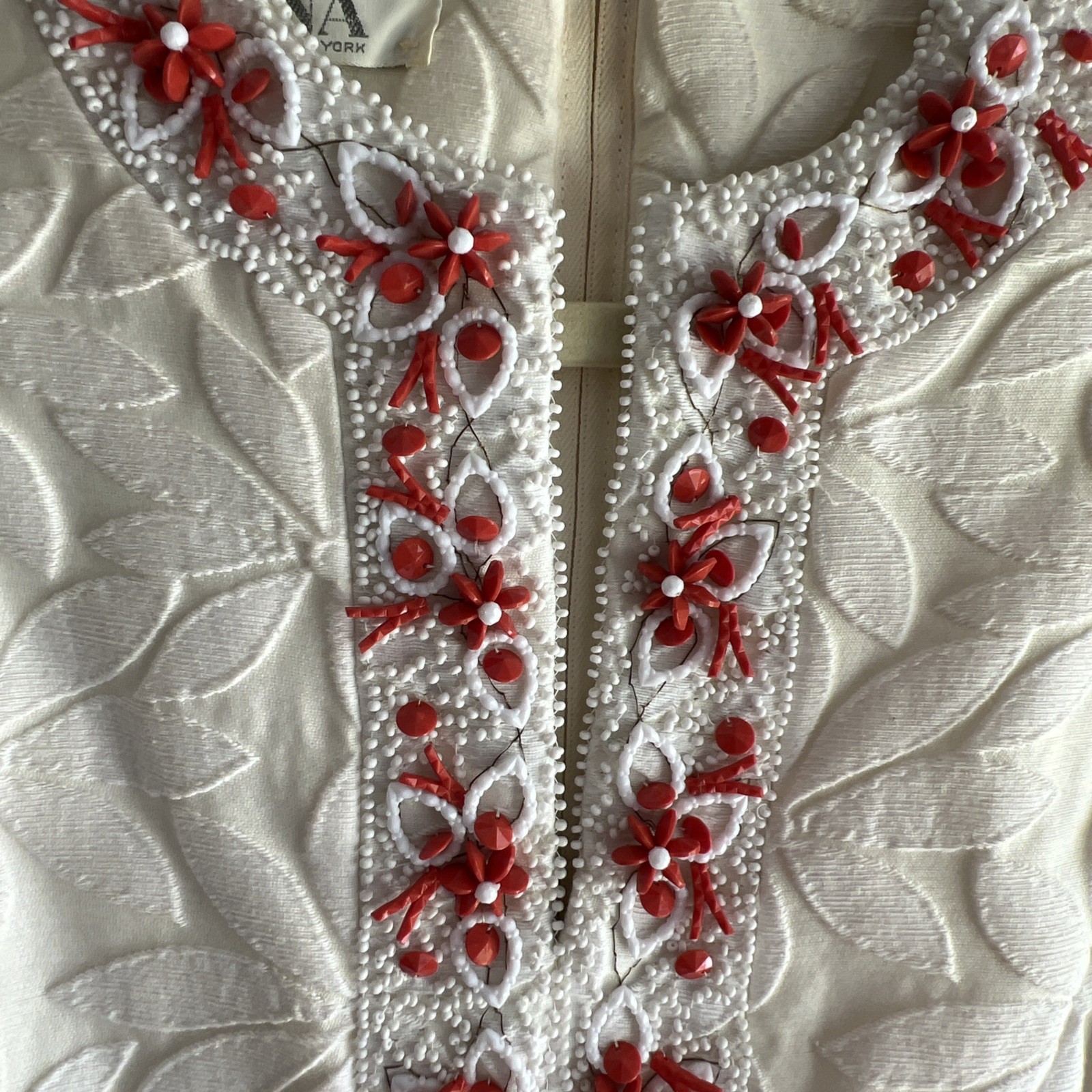 1960s Nardiello For Rona Sleeveless Dress Embossed Floral & Coral Beads Pockets!
