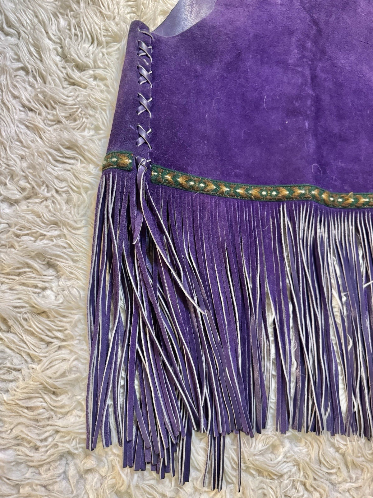 Vtg 70s Purple Leather Suede Vest Fringe Pocket Boho Rock Star Jacket Unisex